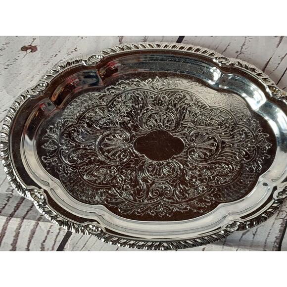 SILVER STAINLESS METAL FORAL FANCY DRINK FOOD DECORATIVE OVAL SERVING TRAY 6 X 9 - Picture 2 of 4